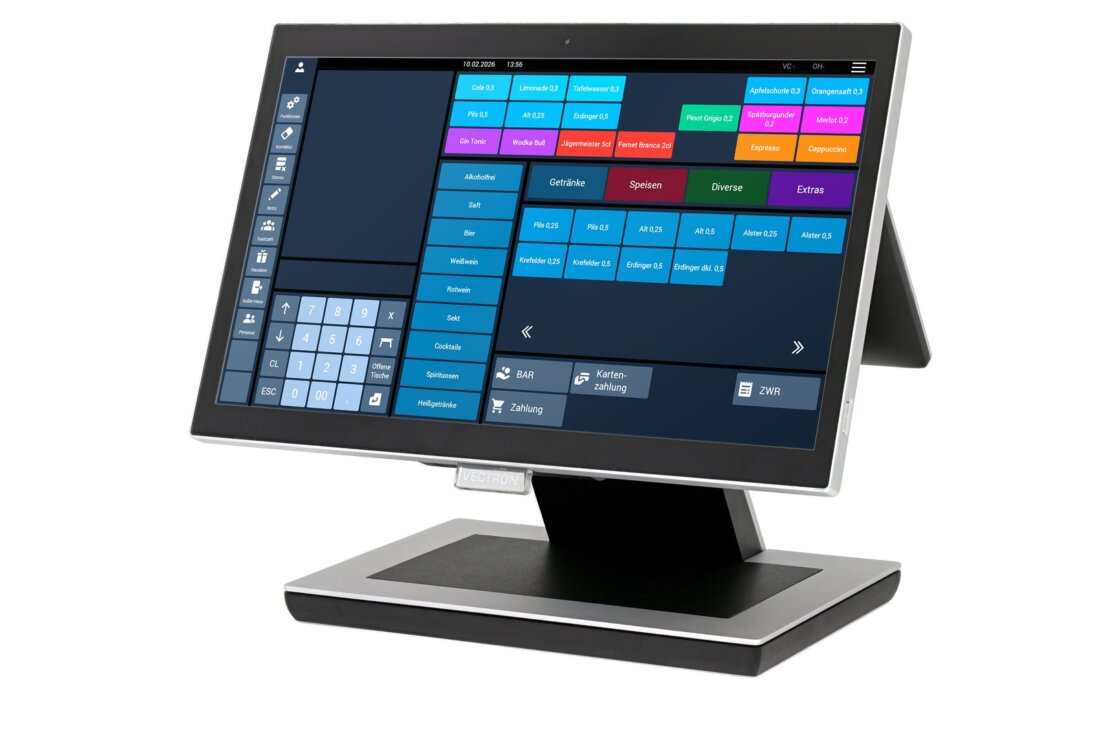 Vectron POS 8 Kassensystem mit Gastronomie-Bedienoberfläche auf Standfuß