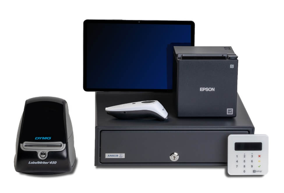 Hardware von Locafox mit Kassenschublade, Kartenleser und Monitor