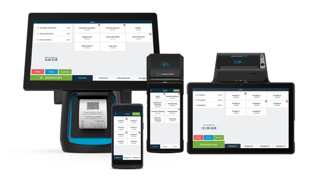 Ein schwarzes Touchscreen-Pos-Terminal mit "ready2order"-Logo zeigt Berichte zu Live-Verkäufen, Mitarbeiter und Zahlungen, begleitet von einem Smartphone mit einer Diagramm-App und einem Card-Reader.