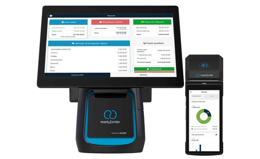 Ein schwarzes Touchscreen-Pos-Terminal mit "ready2order"-Logo zeigt eine Kassenoberfläche mit Produktlisten und Zahlungsoptionen, umgeben von einem Smartphone und einem Card-Reader mit Verkaufsdetails