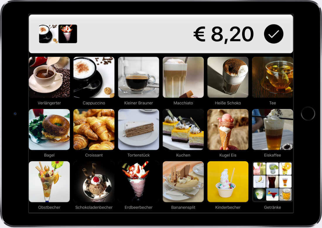 Dashboard Kassensystem QuickBon mit Café-Artikeln zum Auswählen zum Bezahlen.
