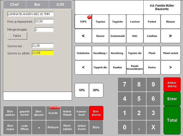 Blick ins Dashboard der E&S-Kasse mit Quadratmeterpreisen und anderen spezifischen Features.