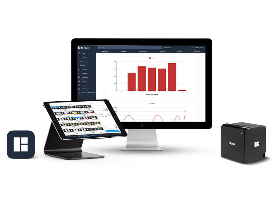 Blick in das Dashboard des tillhub-Kassensystems mit Berichterstellung und Analysen
