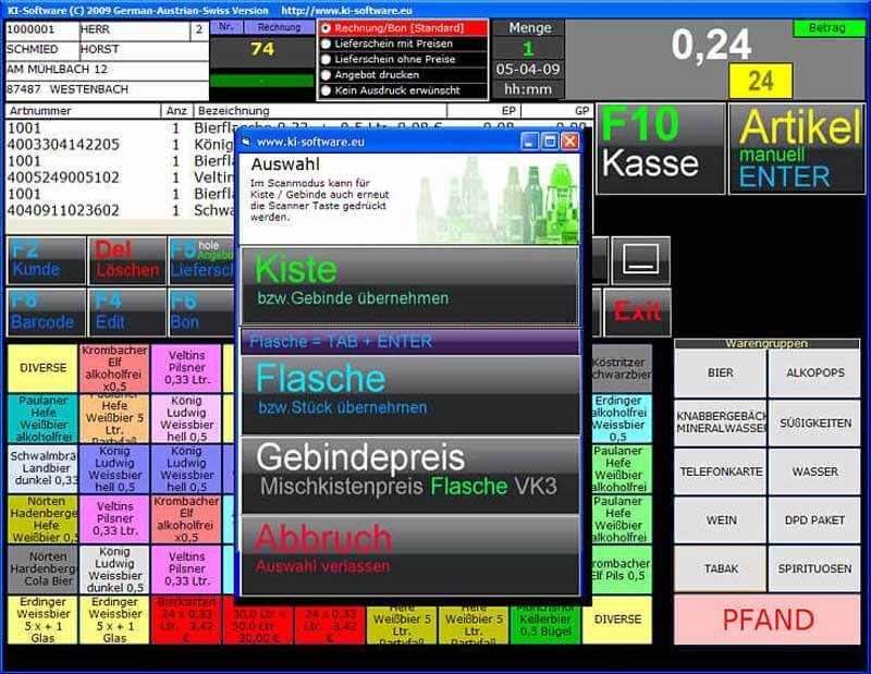 Dashboard des Kassensystems Kühemann speziell für den Getränkefachhandel mit Blick auf die Auswahl zwischen Kiste und Flasche als Produkt.