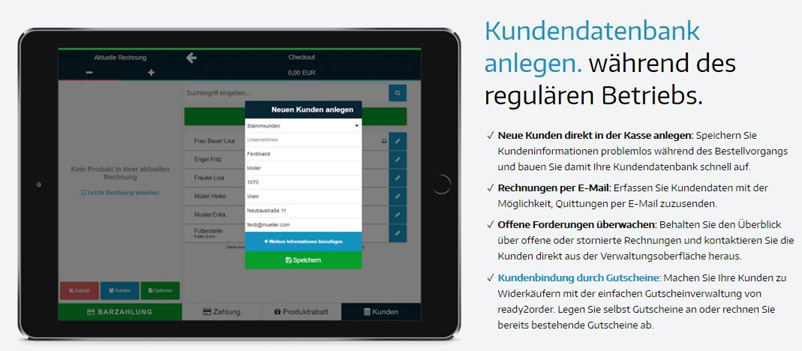 Dashboard des Kassensystems ready2order mit Fokus auf Kundendaten-Pflege.