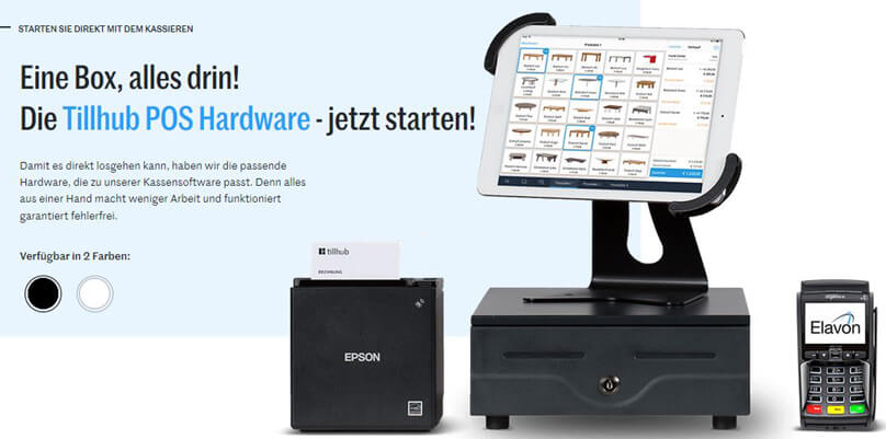 Das Kassensystem von Tillhub als Paket, bestehend aus Kasse, Drucker und Scanner.