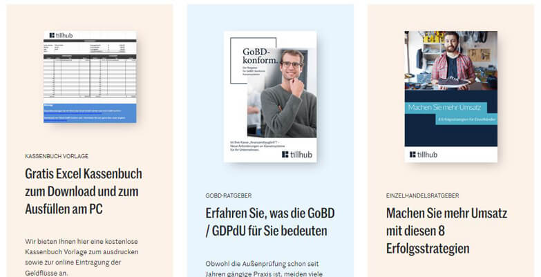 Screenshot des Blogs des Kassensystems Tillhub mit Kassenbuch-Downloads und weiteren Hilfen für deine Kasse.