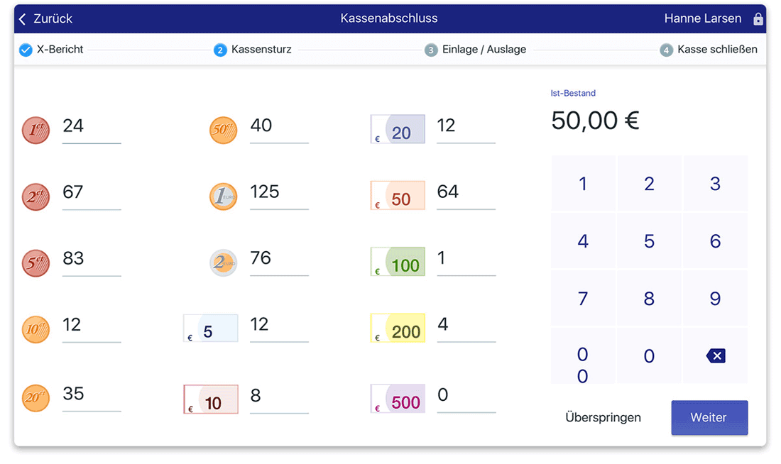 Blick in das Dashboard von LocaFox POS: Umsatzberichte udn Tagesabschluss auf einer Seite.