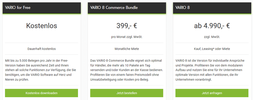 Drei Preismodelle für das Kassensystem VARIO tabellarisch nebeneinander zur Übersicht