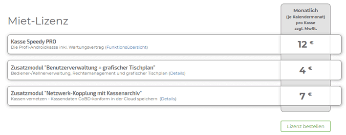 Preisübersicht für dsa Kassensystem Speedy Kasse in tabellarischer Form