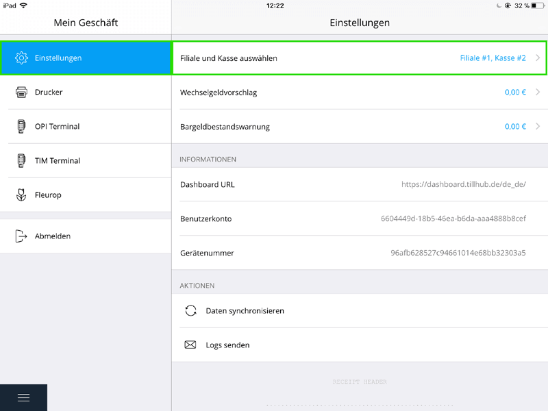 Dashboard des Kassensystems Tillhub mit Screen zur Ersteinrichtung und Filialverwaltung.