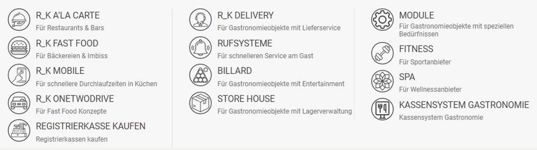 Das Menü der Webseite UCS R-Keeper zeigt die verschiedenen Anwendungsbereiche der Kasse auf, von Gastronomie zu Spa.