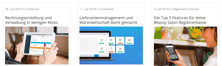 Drei Info-Artikel mit Stichwortzeile auf dem Blog des Kassensystems helloCash.