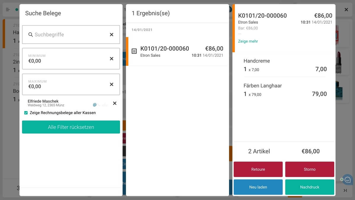 Screenshot Kassensystem von Etron