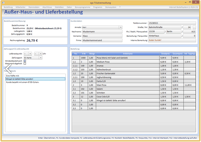 Blick in das sgs Kassensystem mit Bestellaufnahme und Kundendatenabgleich