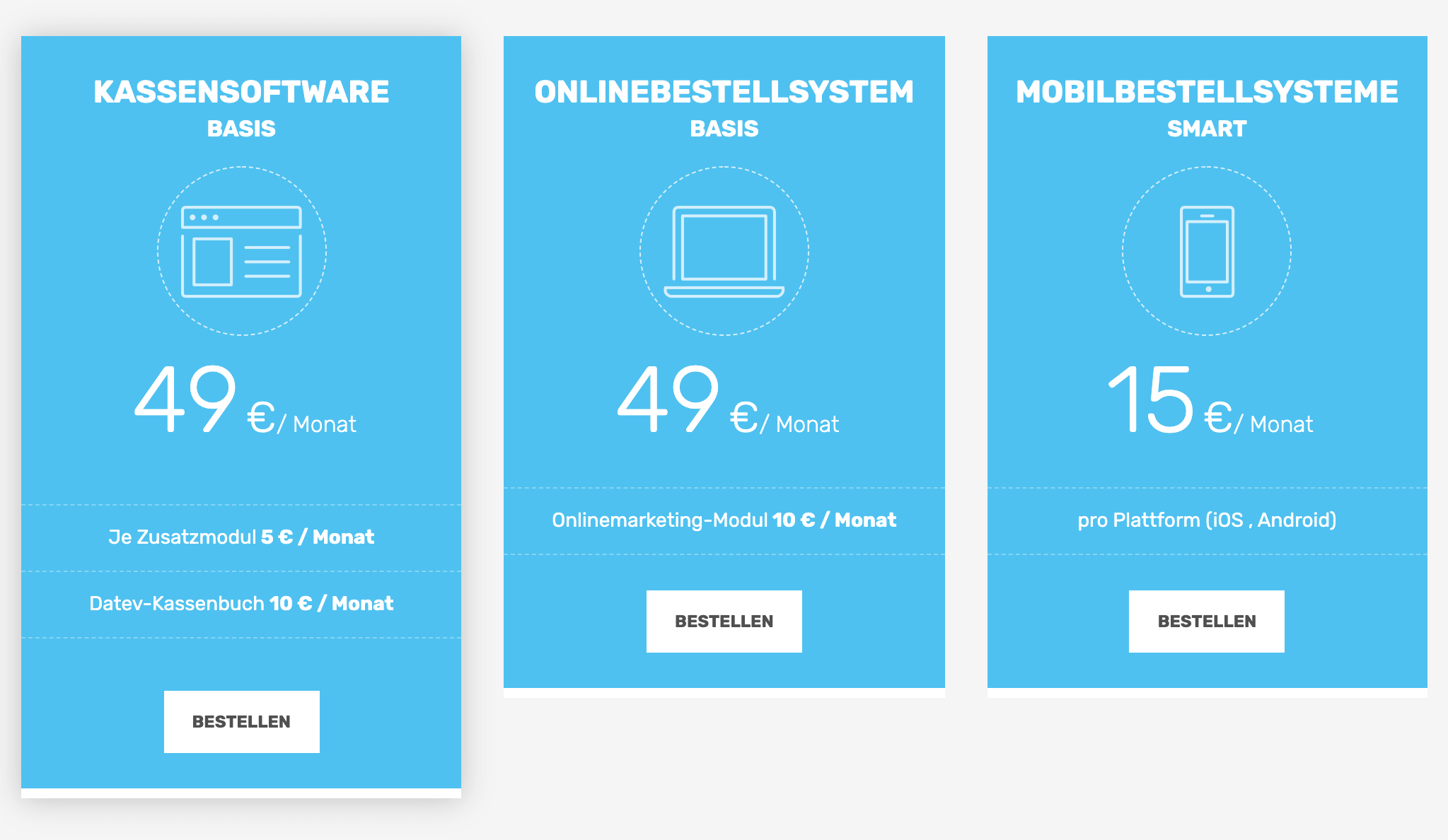 Die Preise des Kassensystems sgs für Kassensoftware, Onlinebestellsystem, Mobilebestellsystem, sowie für Zusatzmodule wie Marketingtool und Datev-Kassenbuch in Übersicht