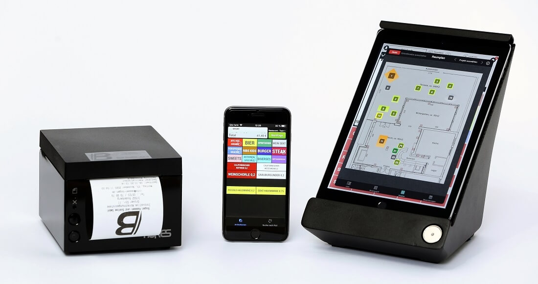 cashpad mit terminal und mobilem endgerät sowie bondrucker