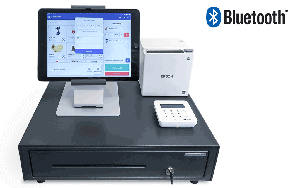 Foto des kompletten POS von Comarch ERP XT inklusive Kassenlade, Drucker und EC-Karten-Terminal