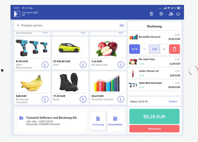 Bild vom Dashboard des Kassensystems Comarch ERP XT POS mit Waren, Rabatt-Zuweisungen und Kundenbelege.