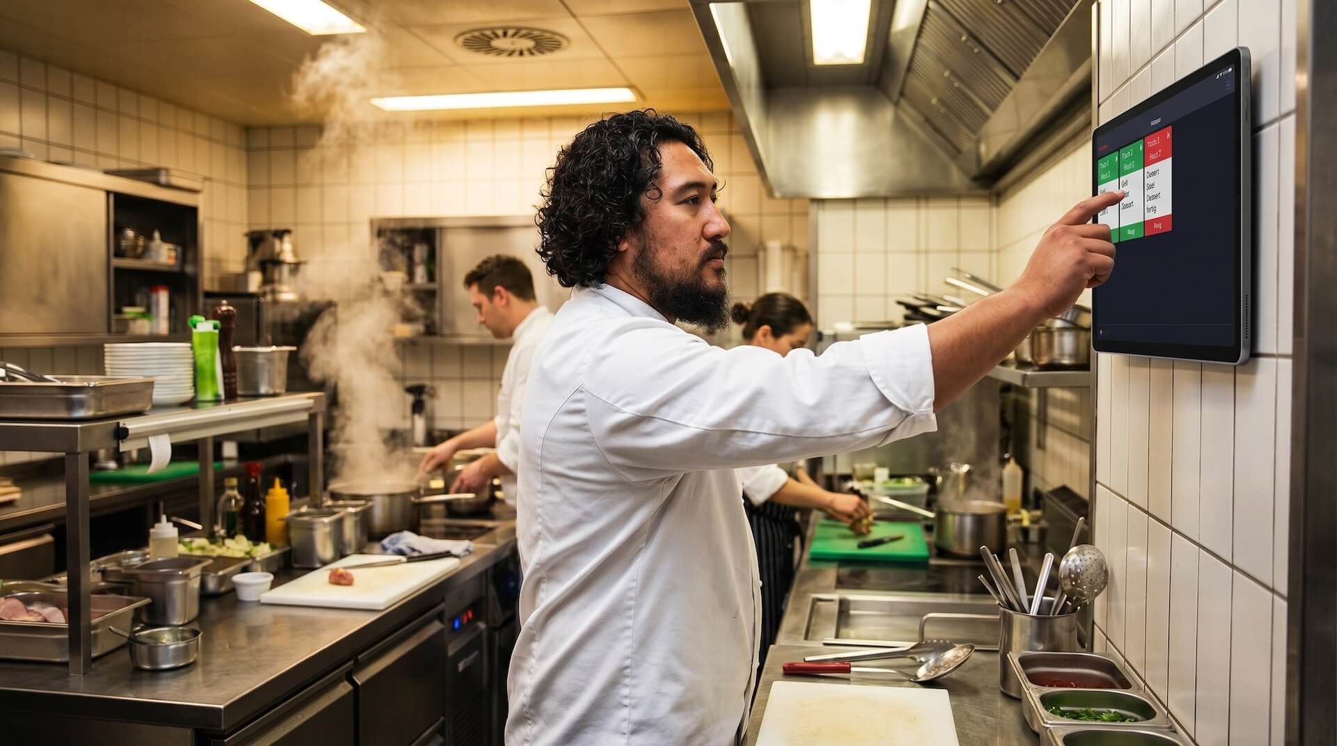 Koch in einer Profi-Restaurant-Küche tippt auf einen an der Wand montierten Lightspeed Küchenmonitor. Auf dem Display sind offene Bestellungen als farbige Tickets nach Gang und Station sortiert; im Hintergrund dampfen Töpfe an den Kochstationen.