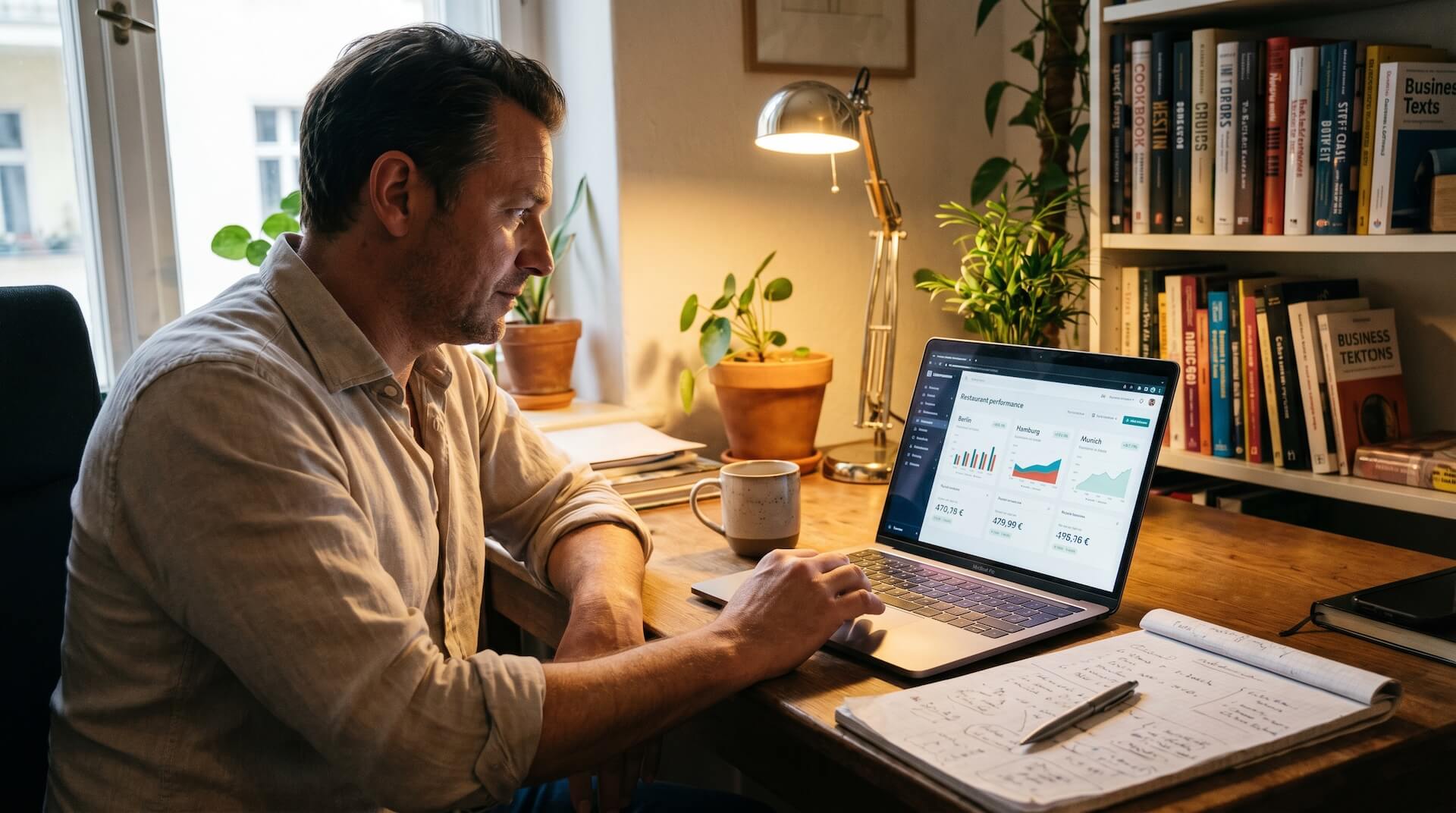 Restaurant-Manager arbeitet am Laptop mit dem Lightspeed Multi-Location-Dashboard. Auf dem Bildschirm werden Umsatz und Performance für drei Standorte in Berlin, Hamburg und München konsolidiert als Balken- und Liniendiagramme dargestellt.