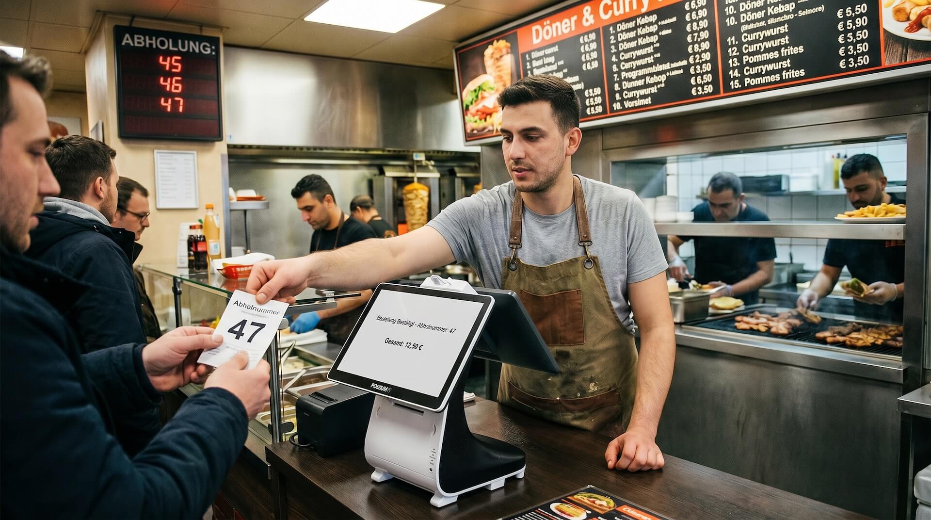 Imbissbetreiber hinter dem Tresen eines Döner- und Curry-Imbisses reicht einem Kunden einen Kassenbon mit der Abholnummer 47. Davor steht eine POSSUM Kasse mit Bondrucker, im Hintergrund eine LED-Anzeigetafel mit den aktuellen Abholnummern 45, 46 und 47.