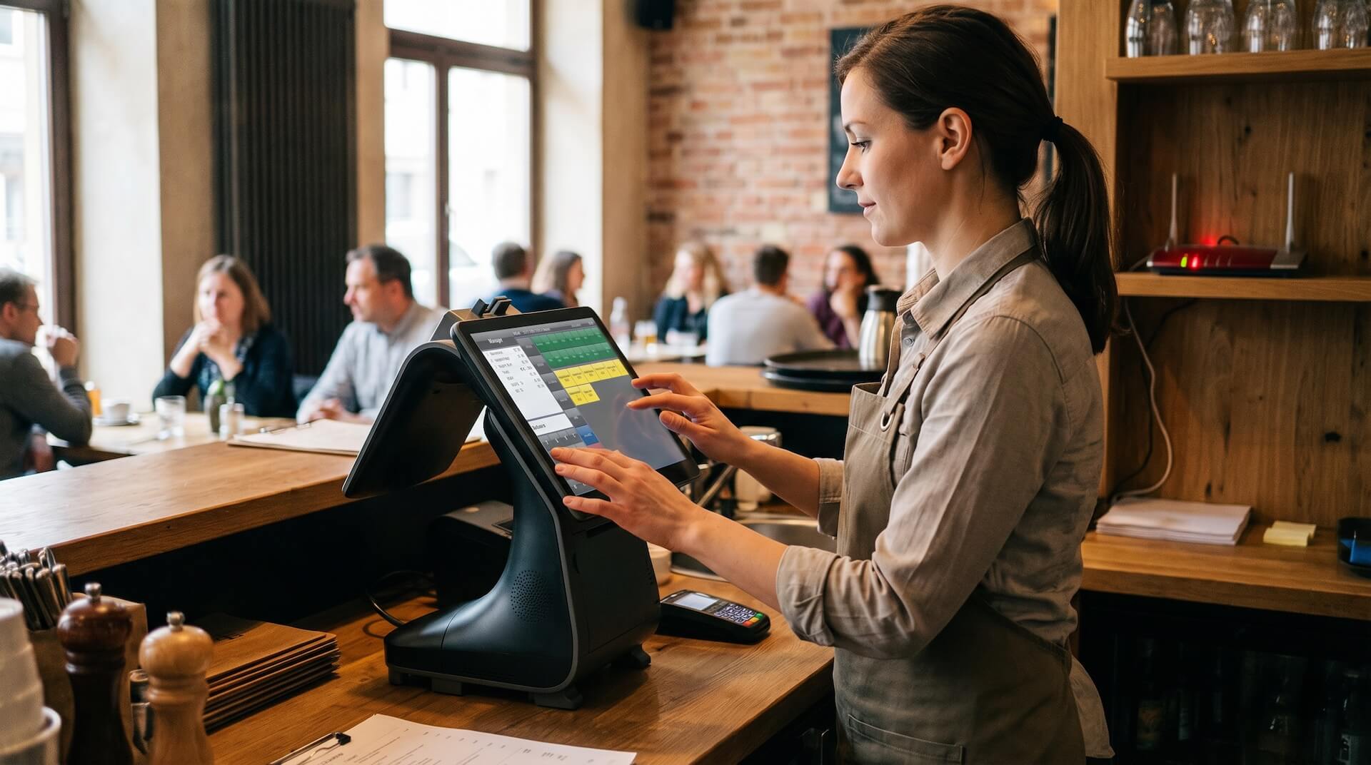 Servicekraft bedient das stationäre POSSUM Kassensystem mit Doppeldisplay an der Theke eines vollbesetzten Restaurants. Auf dem Hauptdisplay ist der Tischplan mit farbig markierten Tischstatus sichtbar, im Hintergrund sitzen Gäste.