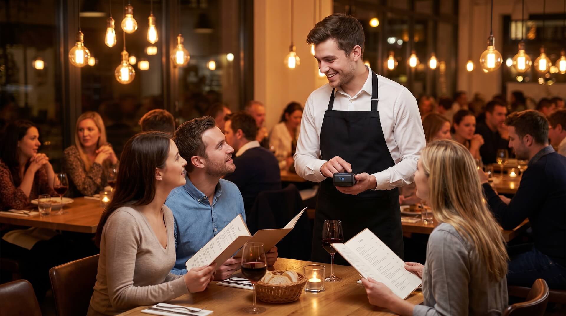 Kellner mit dunkler Schürze steht am Restauranttisch und nimmt die Bestellung eines Paars auf einem mobilen ready2order Handheld auf, während eine dritte Gästin die Speisekarte in der Hand hält. Im Hintergrund ein voll besetztes Restaurant mit warmer Beleuchtung.