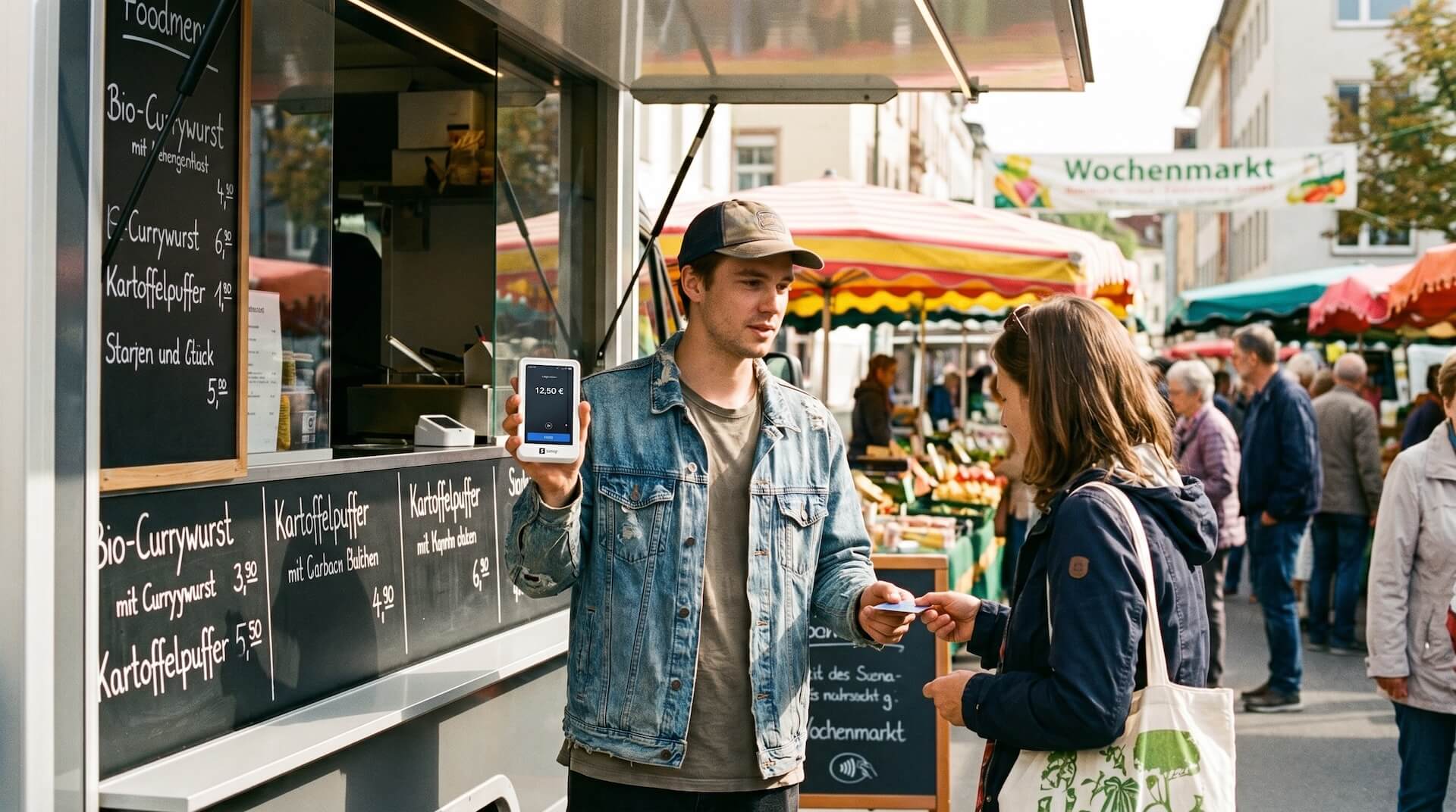 Foodtruck-Betreiber hält beim Verkauf auf dem Wochenmarkt ein SumUp Solo Kartenterminal mit 12,50 Euro Zahlsumme in Richtung der Kundin.