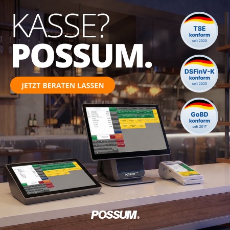 Im Bild ein possum kassensystem mit TSE etc. und einer Aufforderung eine Beratung anzunehmen