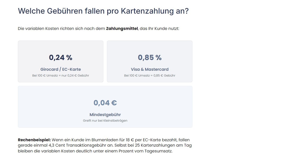 Future Payments Transaktionsgebühren: 0,24 Prozent Girocard, 0,85 Prozent Kreditkarte, 0,04 Euro Mindestgebühr