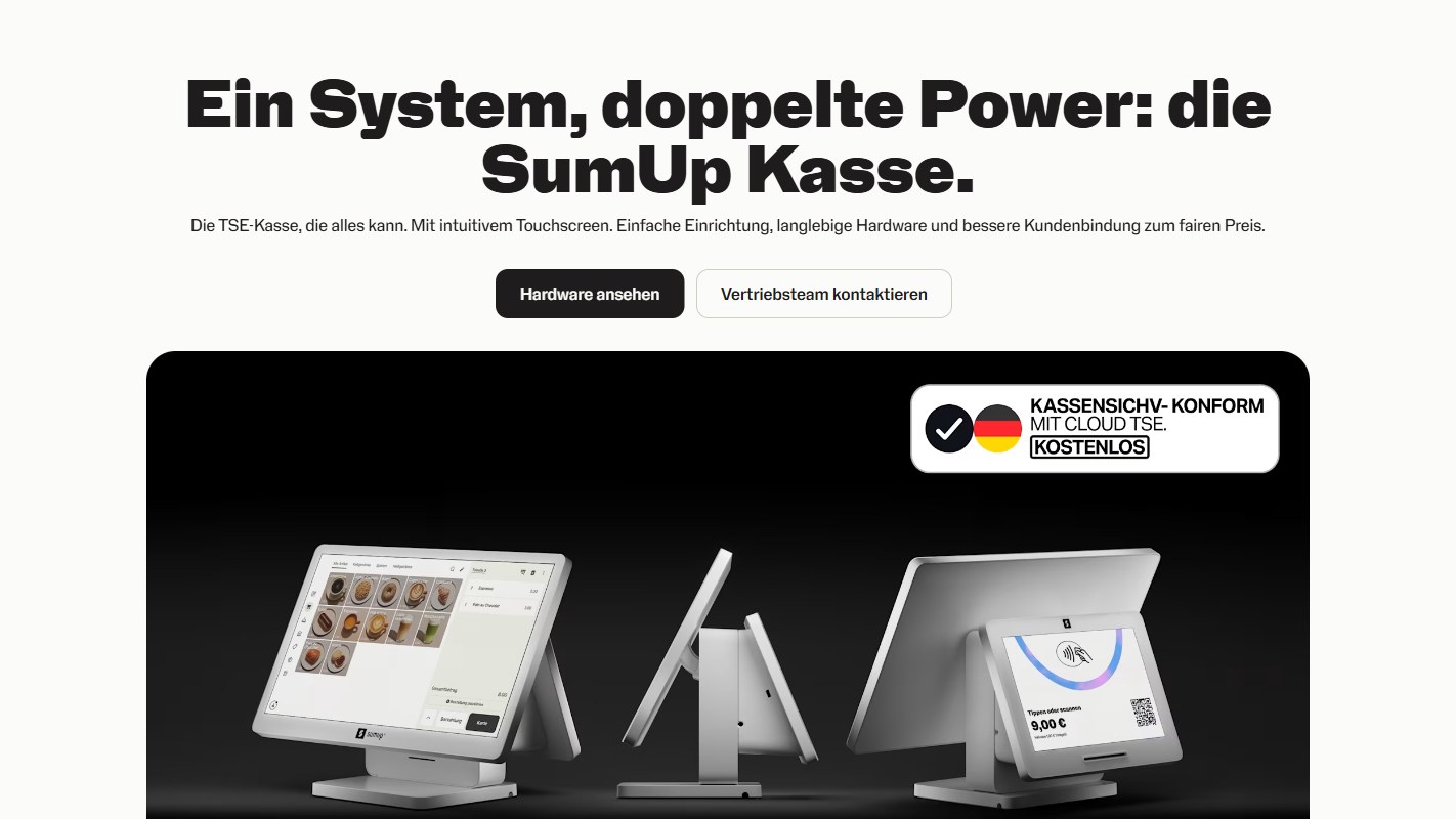 Screenshot der SumUp-Webseite zur SumUp Kasse mit Kassendisplay und Kundendisplay