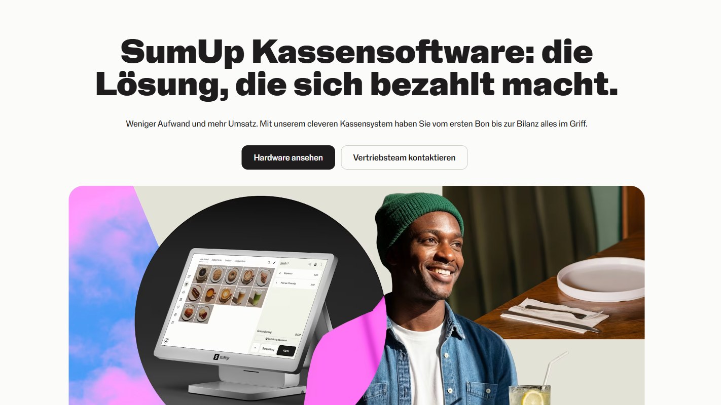 Screenshot der SumUp-Webseite zur Kassensoftware mit einer Kasse auf dem Tresen